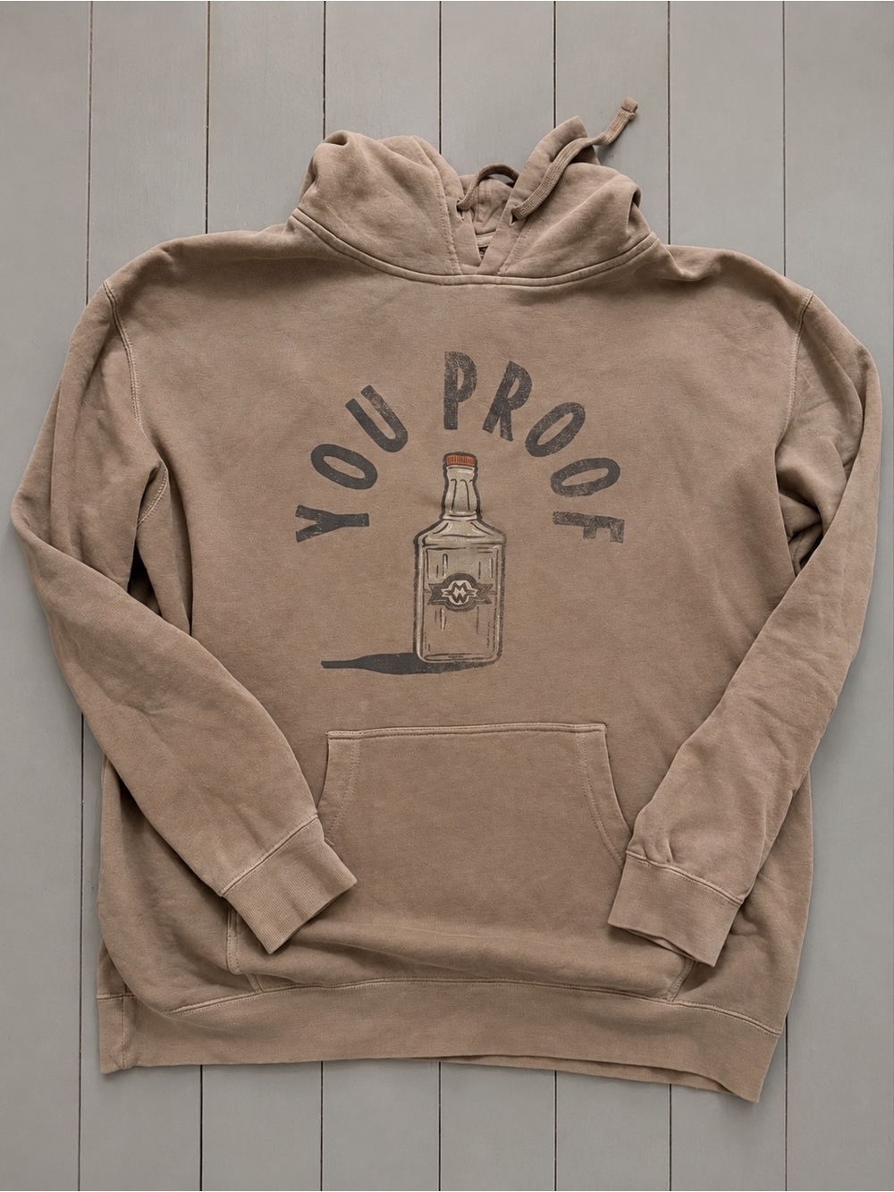 Relaxed Brown Graphic Hoodie with 'YOU PROOF' Bottle Print